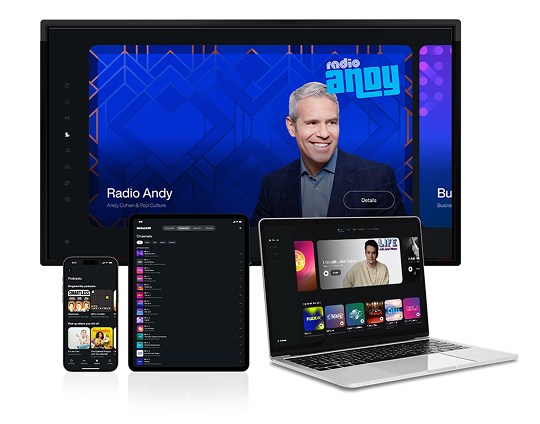 Image of TV, phone, tablet and laptop, showing SiriusXM app interface 