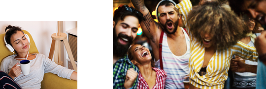 Woman listening to headphones and drinking coffee and Friends at concert
